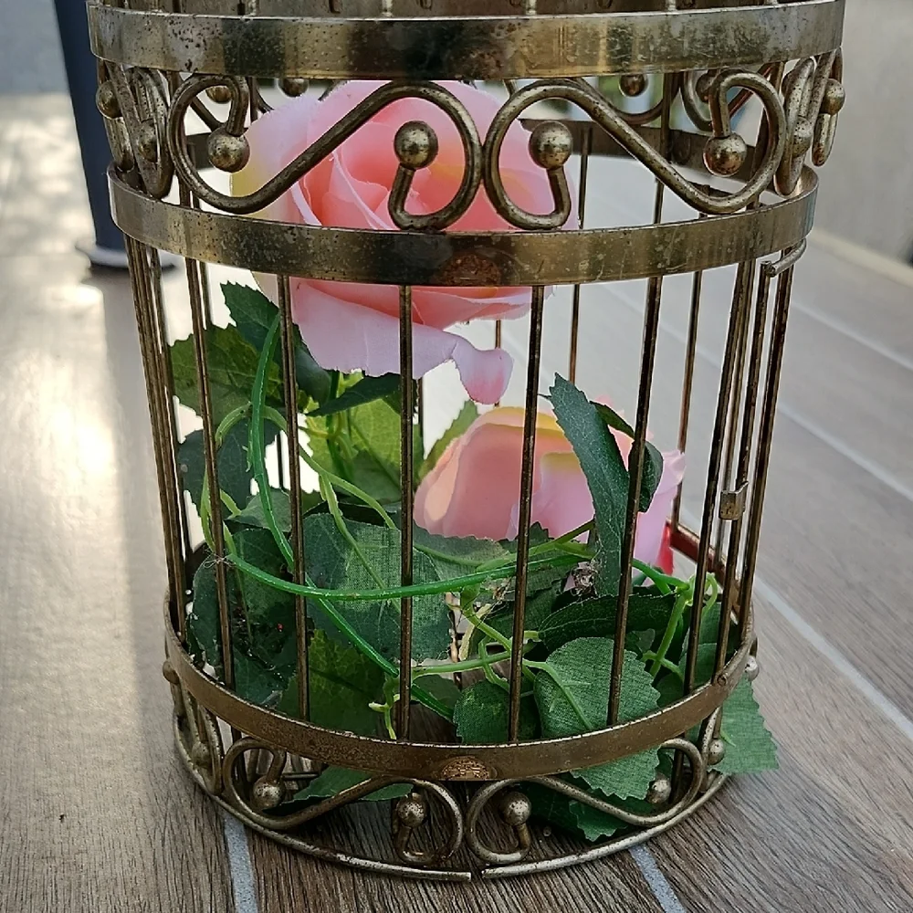 Vintage Gold Birdcage with Pink Roses